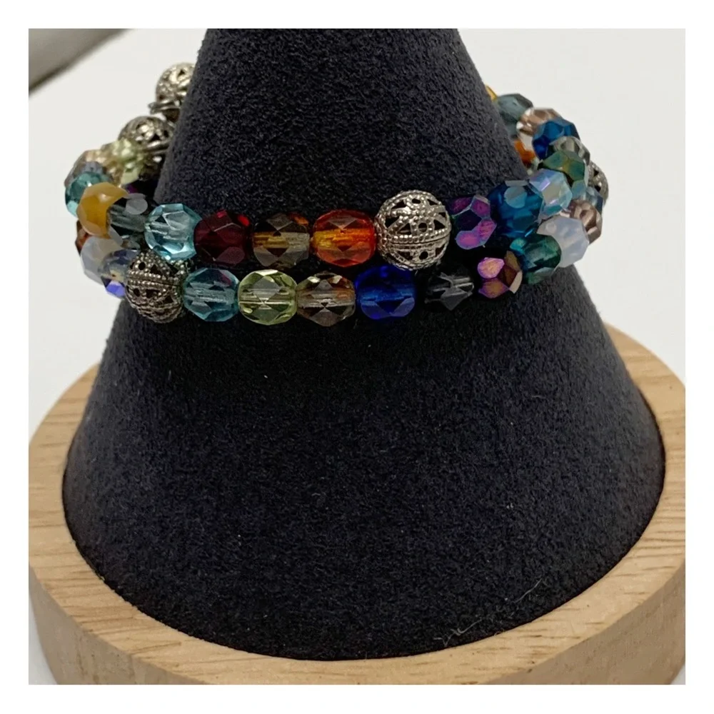 colorful glass beaded memory wire bracelet spring lightweight no clasp